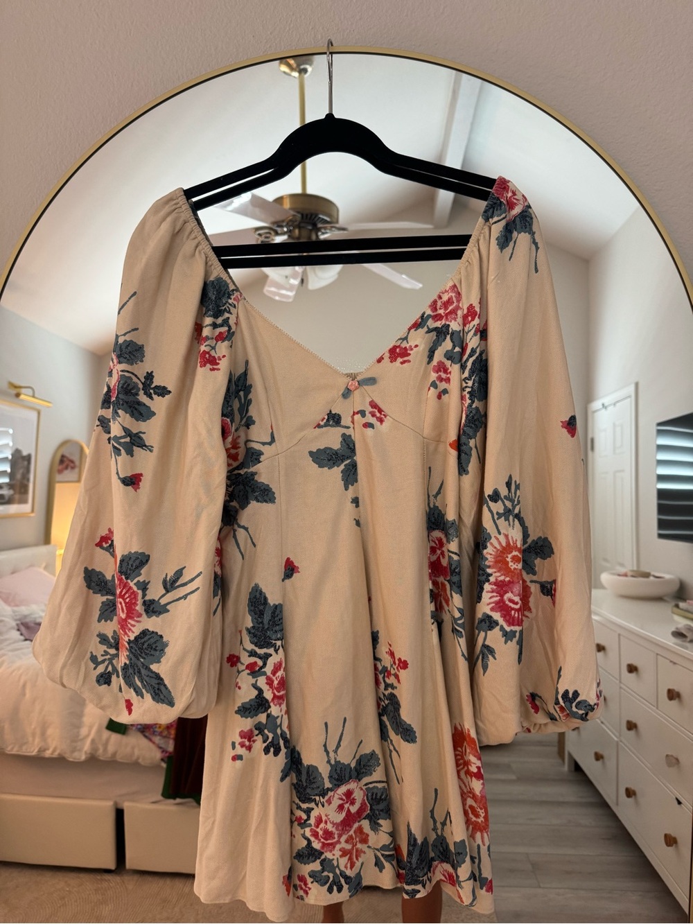 Free People Beige Floral Puff-Sleeve Mini Dress